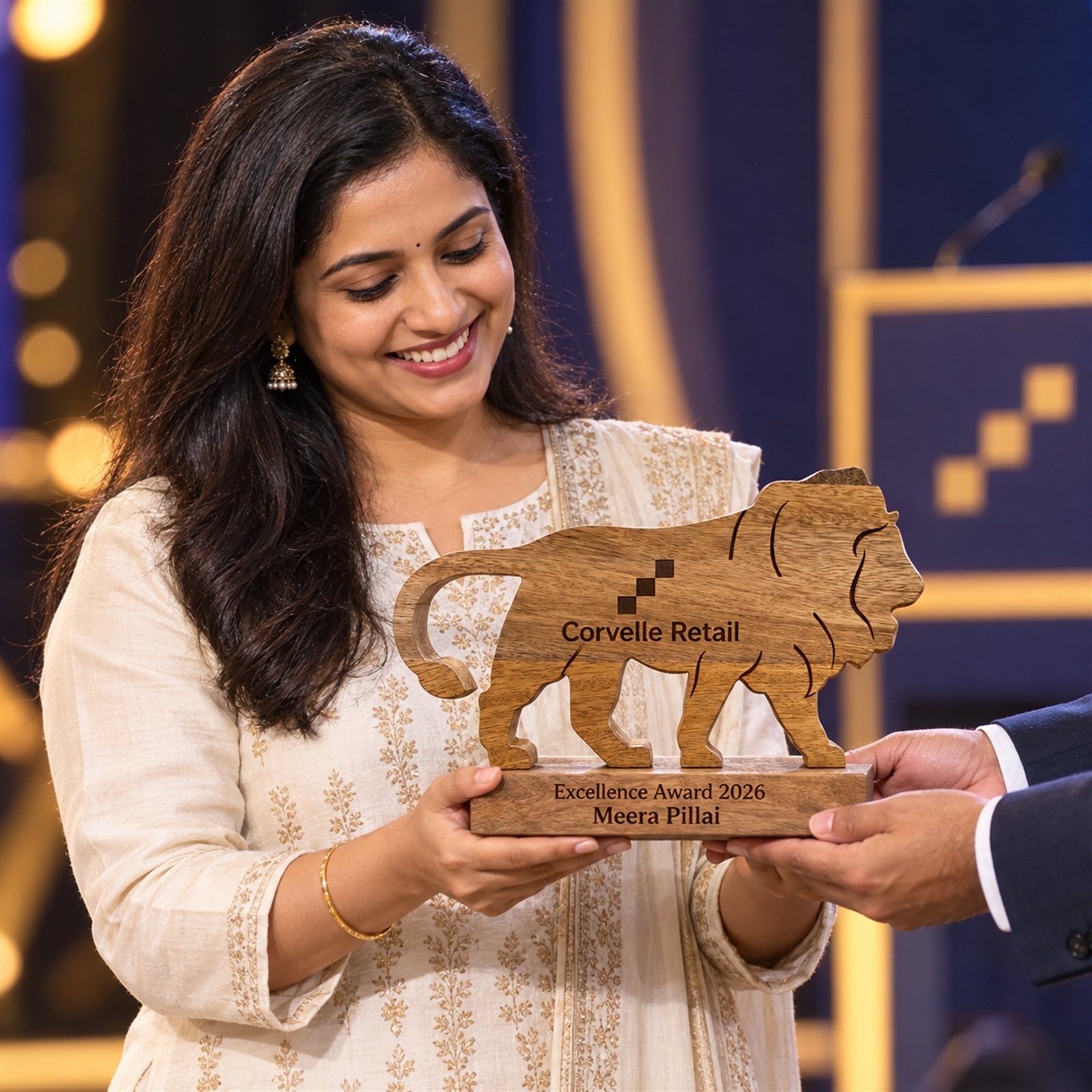 Lion Cut-Out Wooden Trophy, Light Wood, customised with a company logo