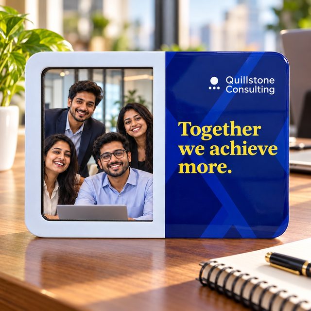 Blue and White Printed Photo Frame, Rounded, shown in use