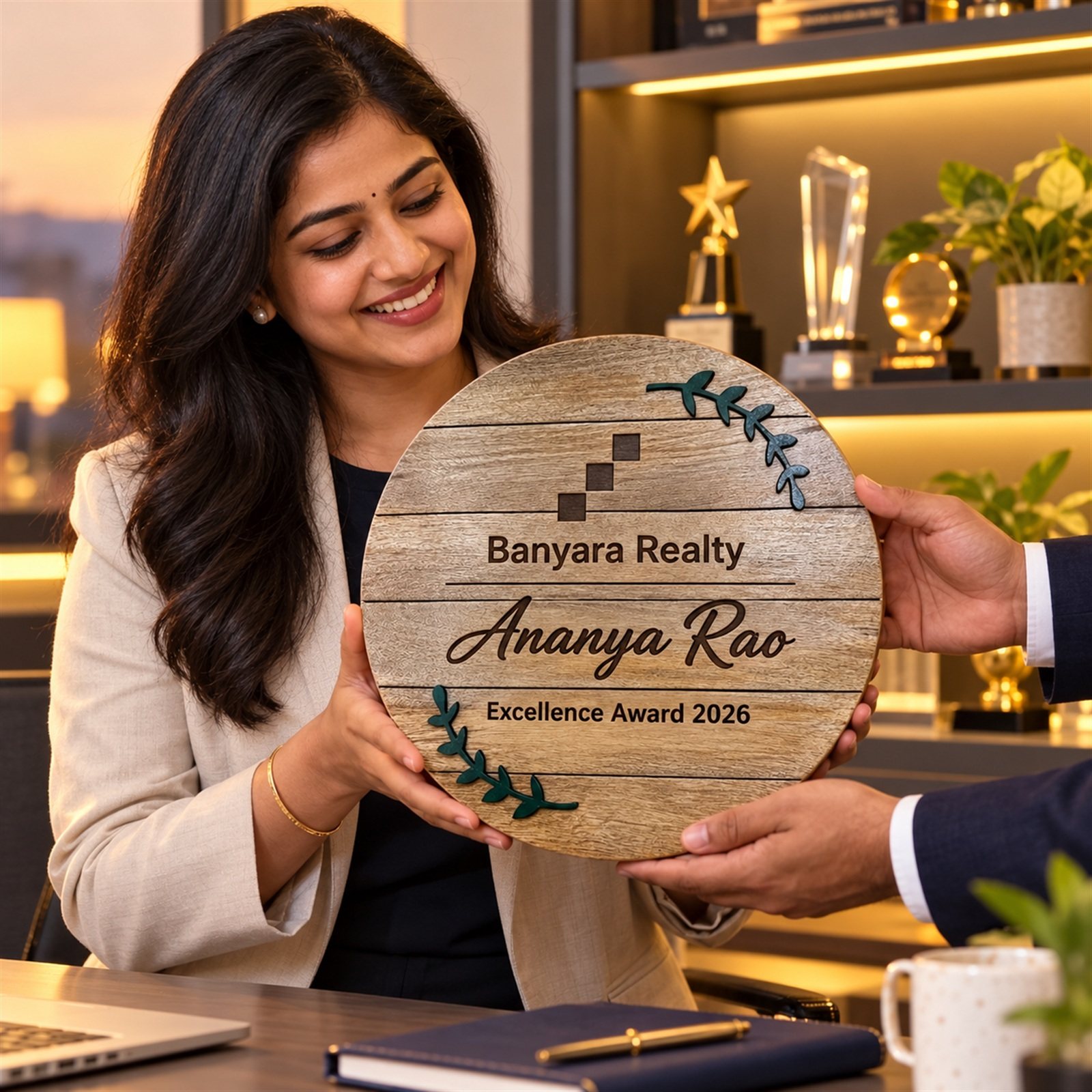 Click to zoom Plank-Style Round Award Shield, customised with a company logo