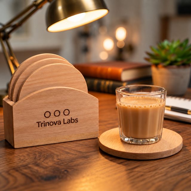 Steamed Beech Wood Coaster Set of 4 with Caddy & Branding, shown in use