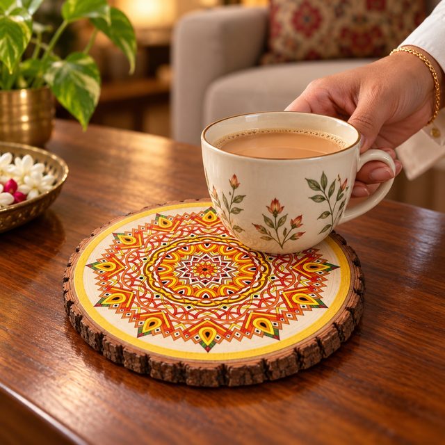 Wood Coaster, Oval, shown in use