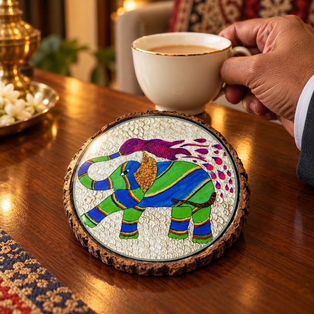 Wood Coaster, Bark Edge, shown in use