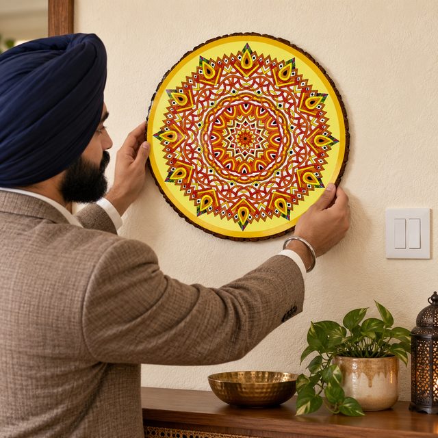 Mango Wood Wall Hanging Plat with Meena Work 12, shown in use