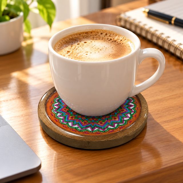 Wooden Printed Round Coaster, shown in use