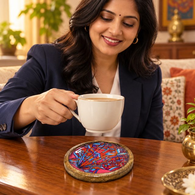 Wooden Coaster with Reproduction of Handpainted Mandalas Done By A Girl Suffering with Attention Defecit Hyperactivity Disorder and, Rounded, shown in use