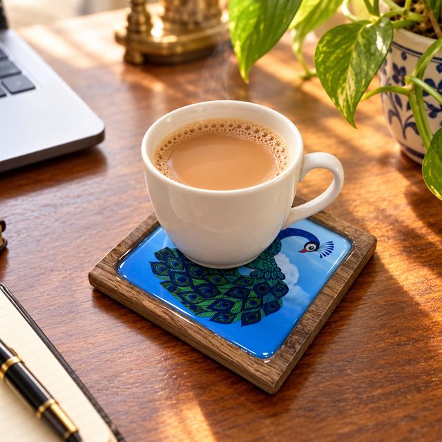 Wooden Printed Coaster, Rounded, shown in use
