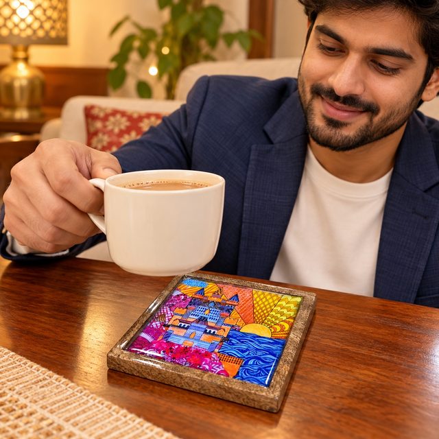 Wooden Coaster with Reproduction of Handpainted Mandalas Done By A Girl Suffering with Attention Defecit Hyperactivity Disorder and, Dark, shown in use