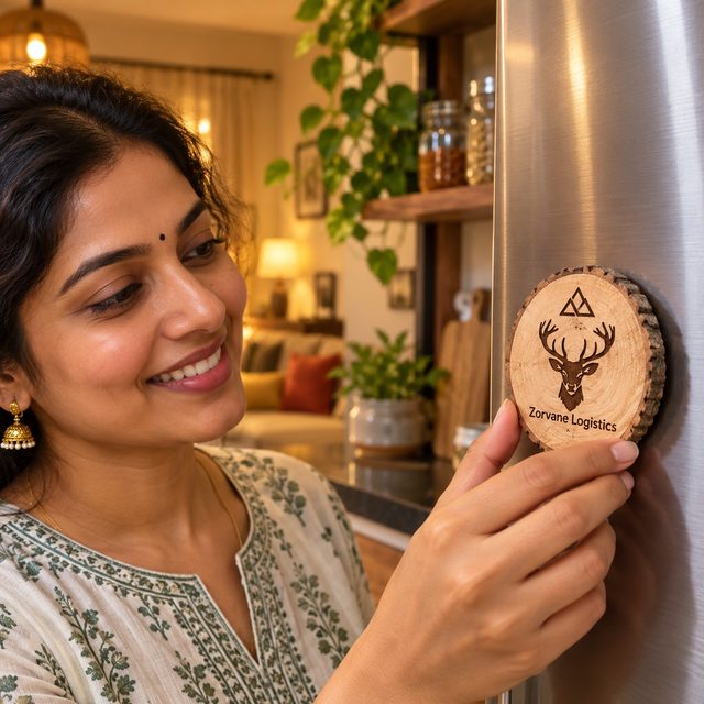 Mango Wood Fridge Magnet with Bark, Bark Edge, shown in use