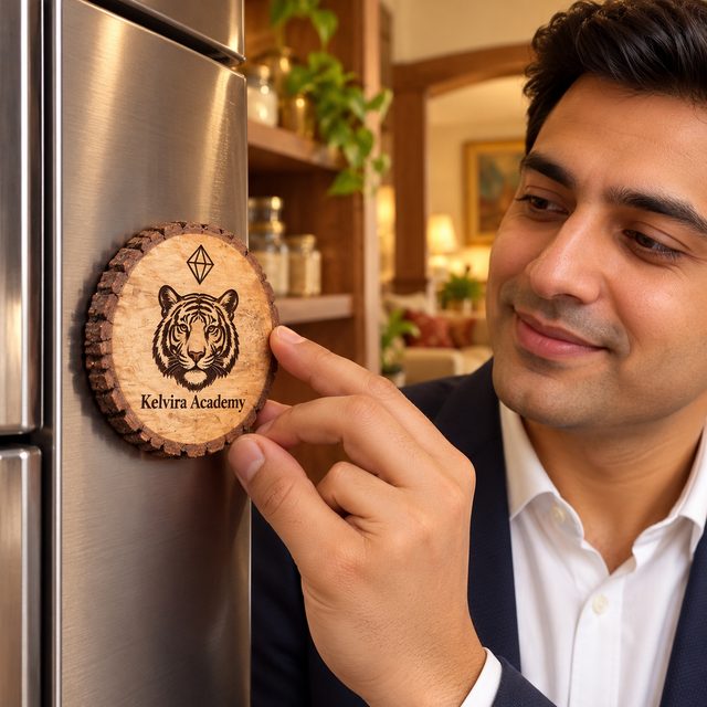 Mango Wood Fridge Magnet with Bark, Slim, shown in use