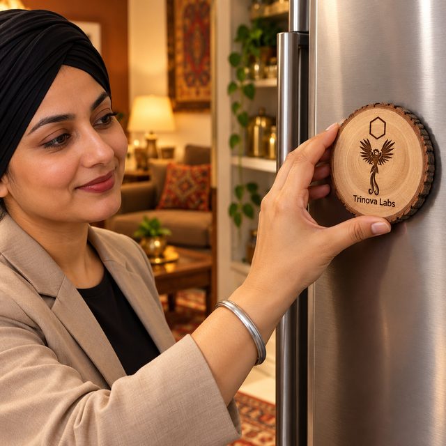 Mango Wood Fridge Magnet with Bark, Oval, shown in use