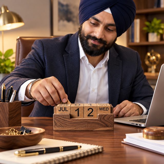 Wooden Perpetual Calendar, Dark, shown in use