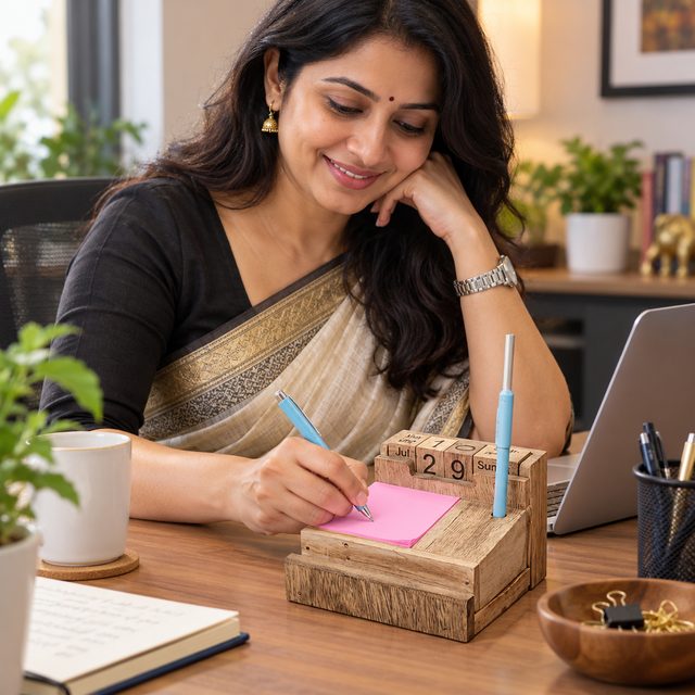 Wooden Desk Organizer with Calendar, shown in use