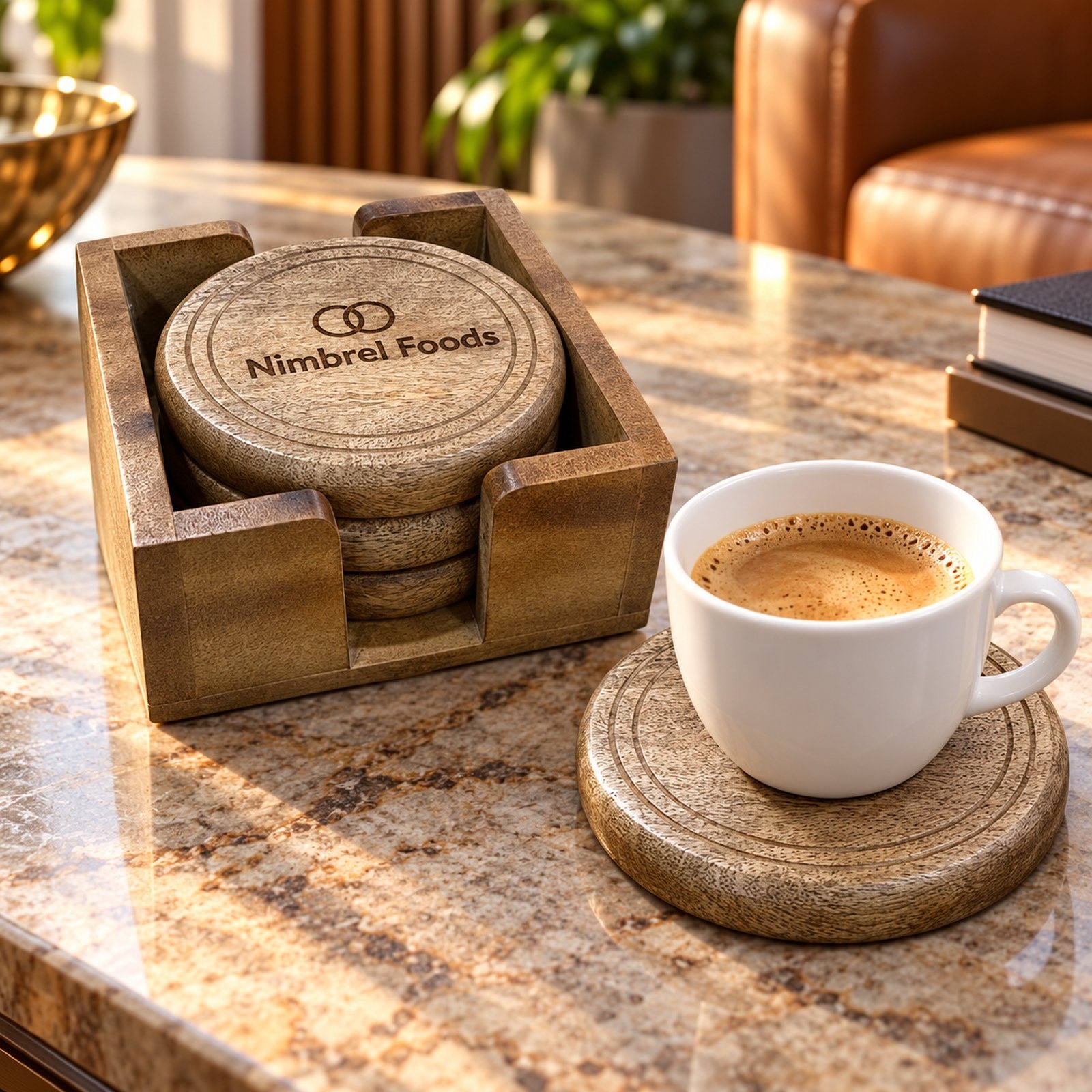 Click to zoom Mango Wood Coaster Set of 4 Pcs with Caddy, Light, shown in use