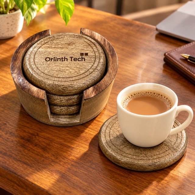 Mango Wood Coaster Set of 4 Pcs with Caddy, Lotus, shown in use