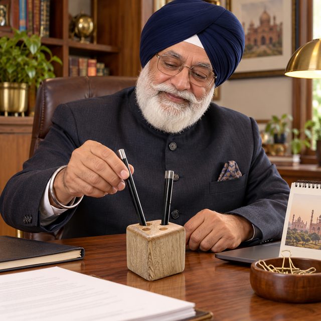 Wooden Paperweight Cum Pen Stand, Cube, shown in use
