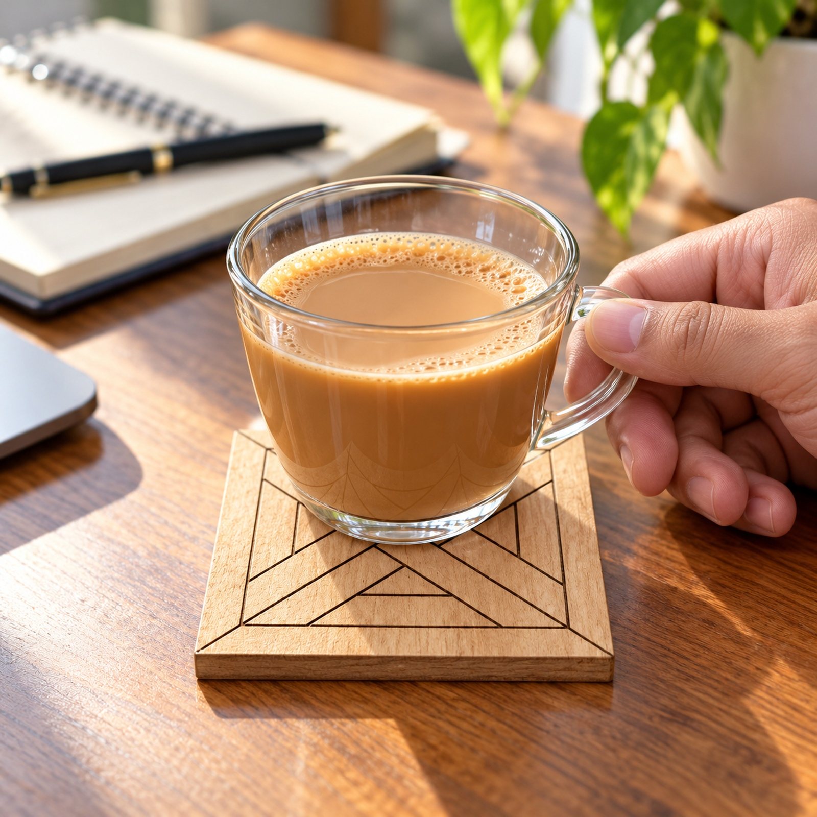 Click to zoom Mango Wood Coaster in 2 Side Engraving, shown in use