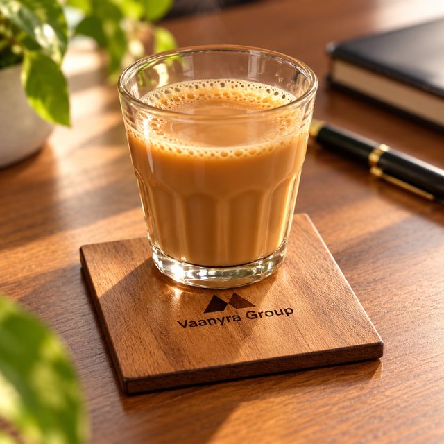 Acacia Wood Coaster in 2 Side Engraving, shown in use