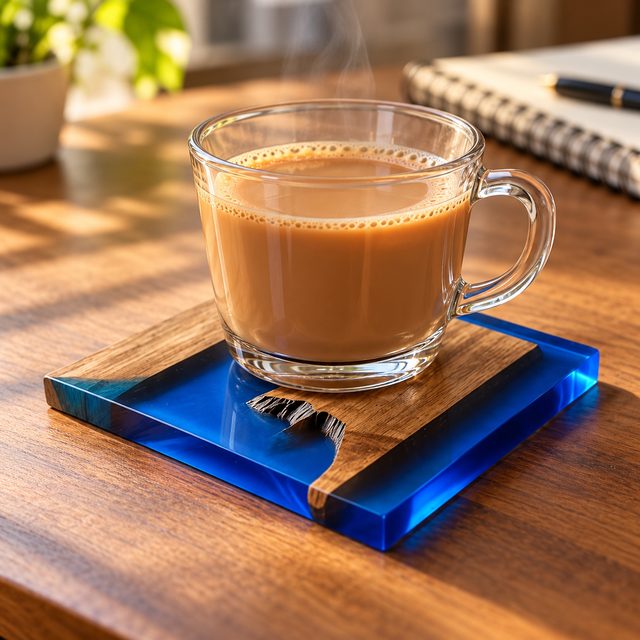 Resin & Wood Coaster, Light, shown in use