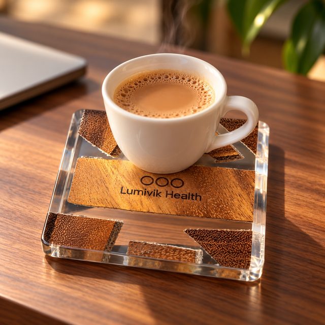 Acacia Wood & Resin Suqare Coaster, shown in use