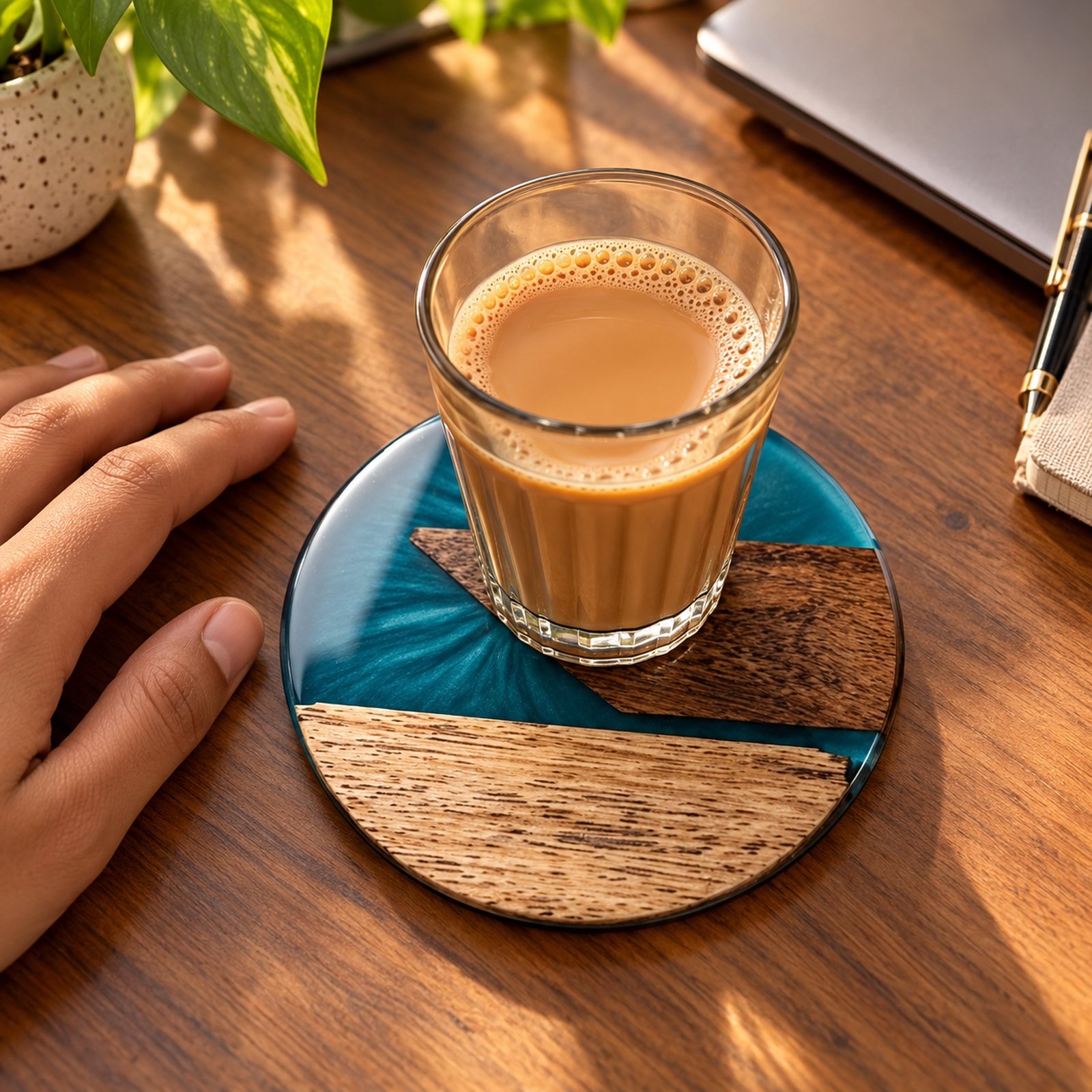 Click to zoom Resin Wood Round Coaster, Design 2, shown in use