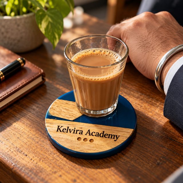 Mango Wood & Resin Round Coaster, shown in use