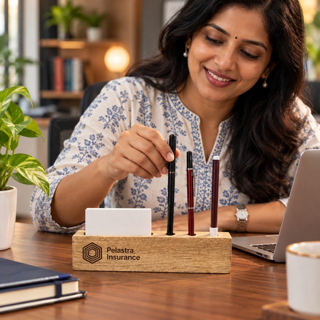 Wooden Pen Stand Cum Card Holder, shown in use