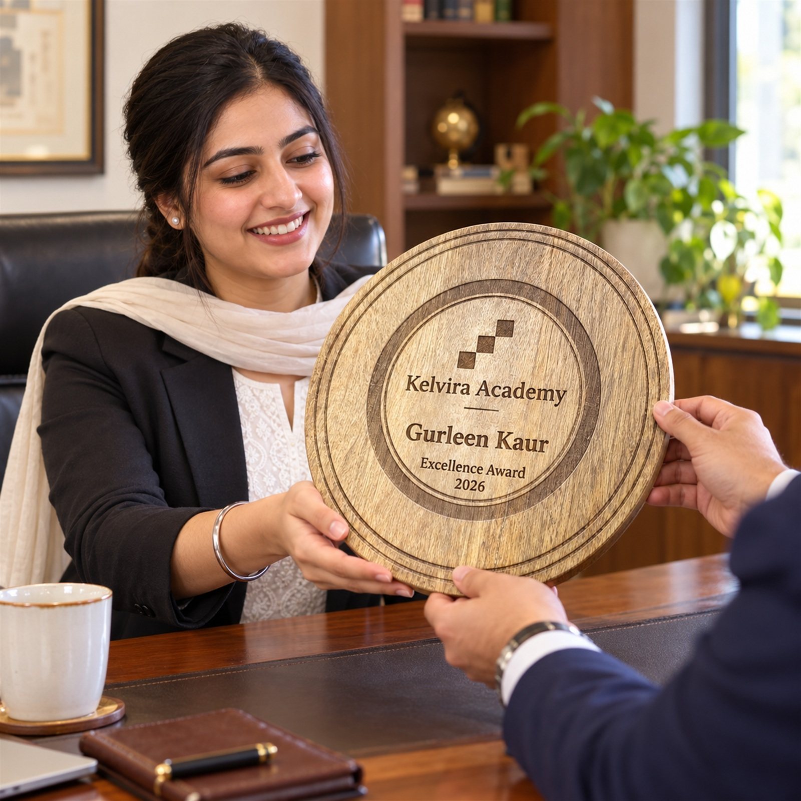 Click to zoom Round Mango Wood Engraved Shield, customised with a company logo