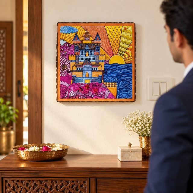 Mango Wood Square Wall Hanging Plat with Meena Work, shown in use