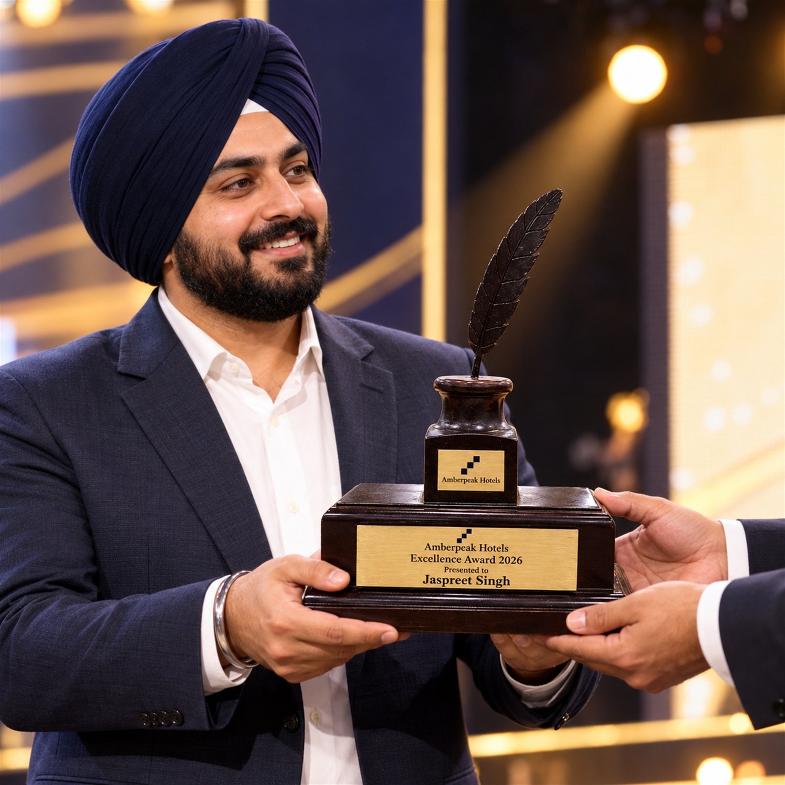 Click to zoom Quill & Inkwell Wooden Table-Top Trophy, customised with a company logo