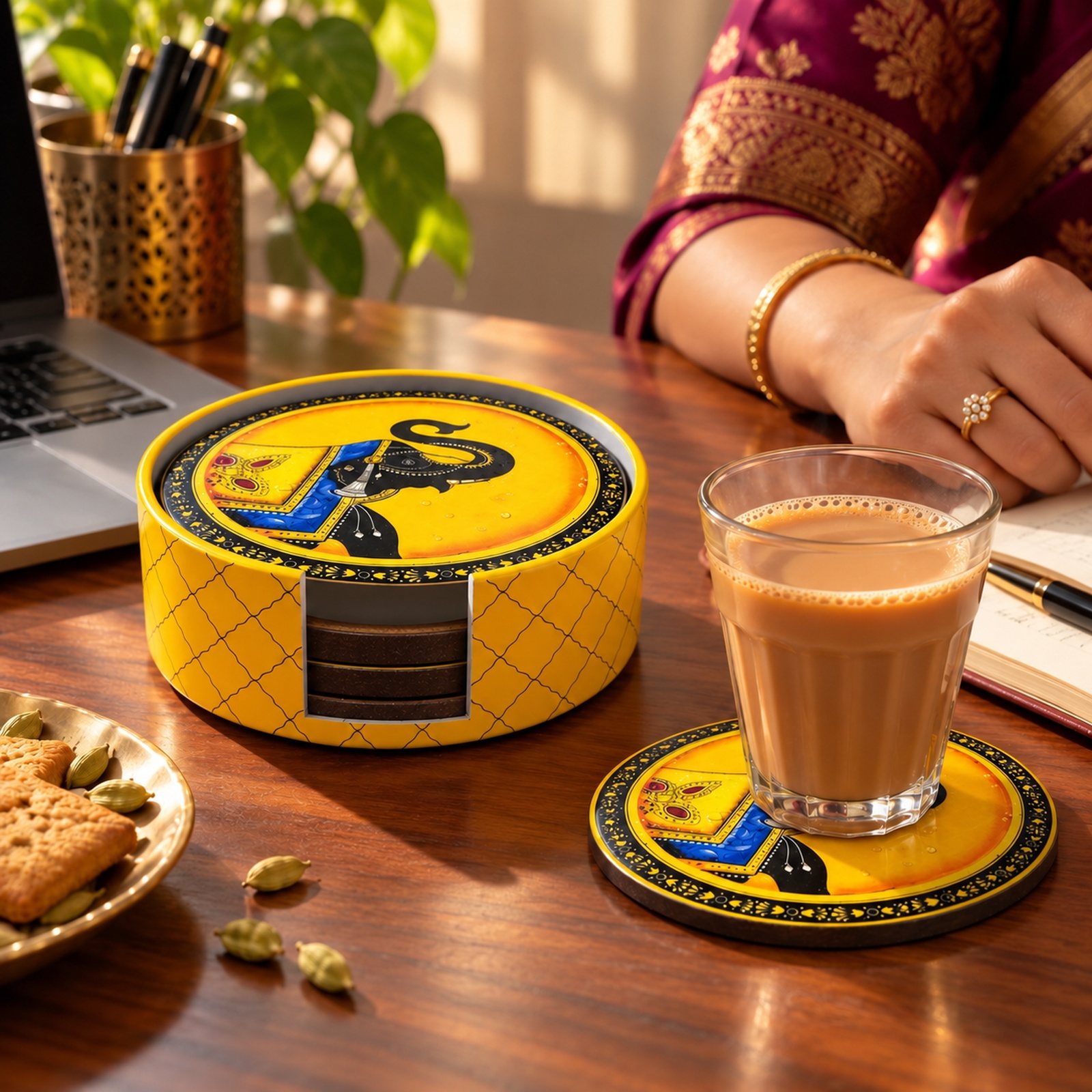 Click to zoom MDF Printed Coaster Set of 4 Pcs with Caddy, shown in use