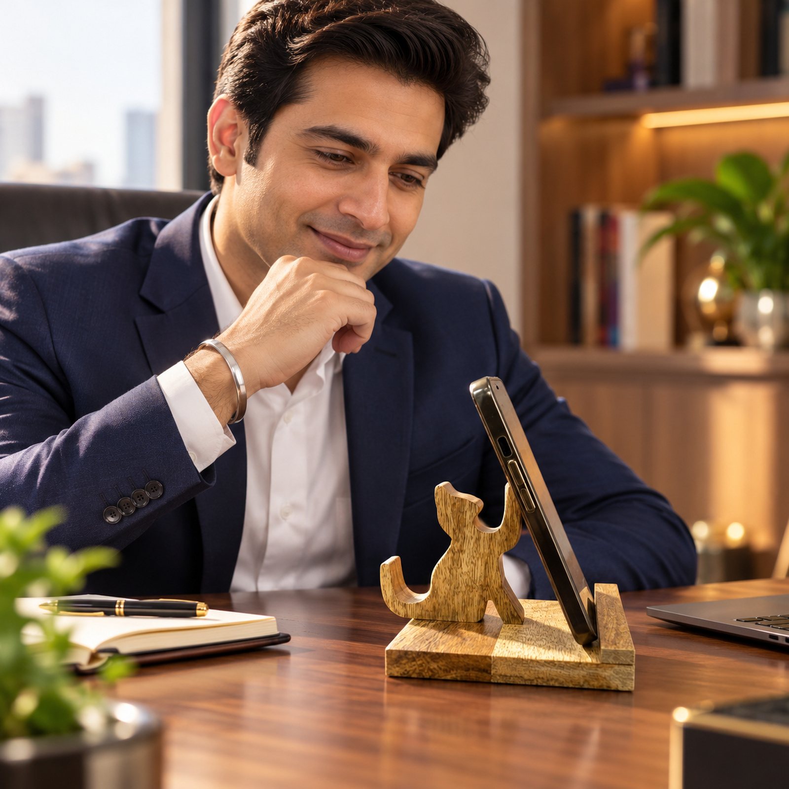 Click to zoom Mango Wood Mobile Stand, Dark, shown in use