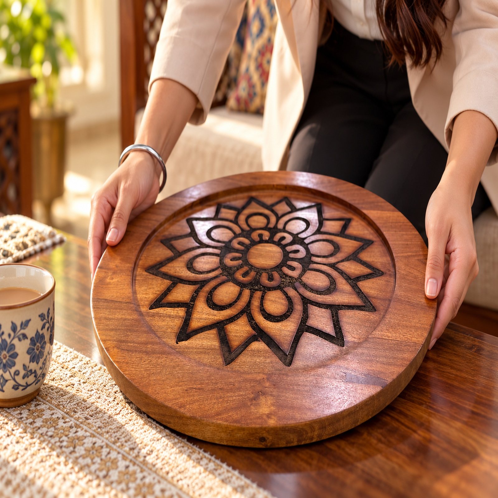 Click to zoom Acacia Wooden Tray, shown in use