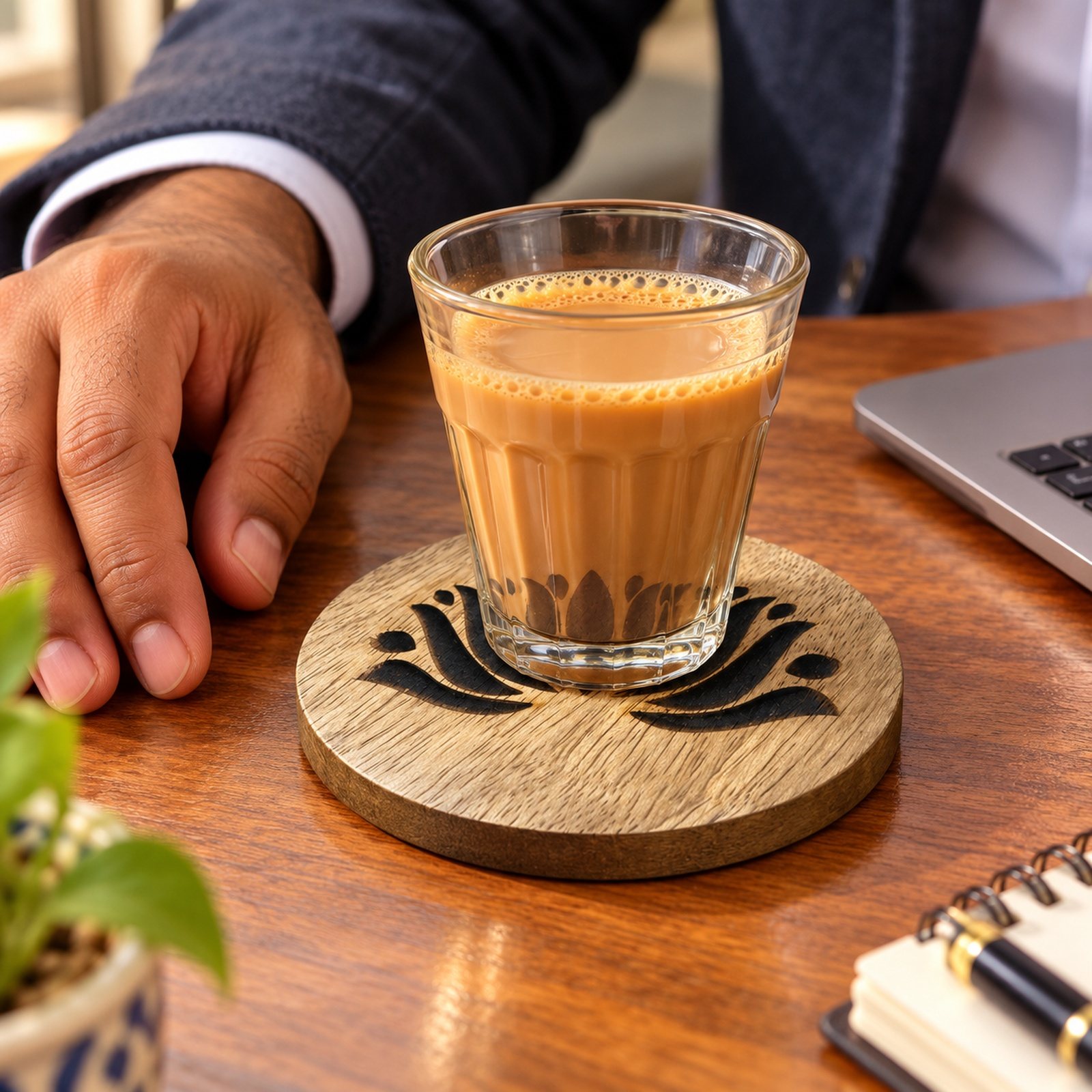 Click to zoom Mango Wood Coaster, Lotus, shown in use