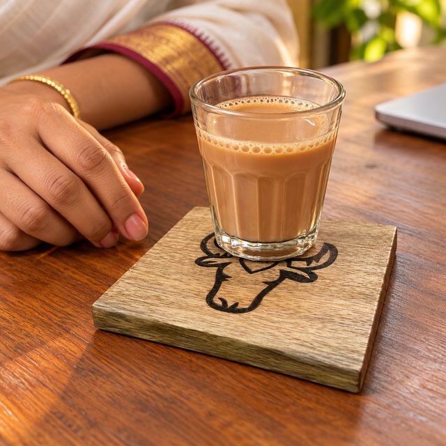 Mango Wood Coaster, Design 2, shown in use