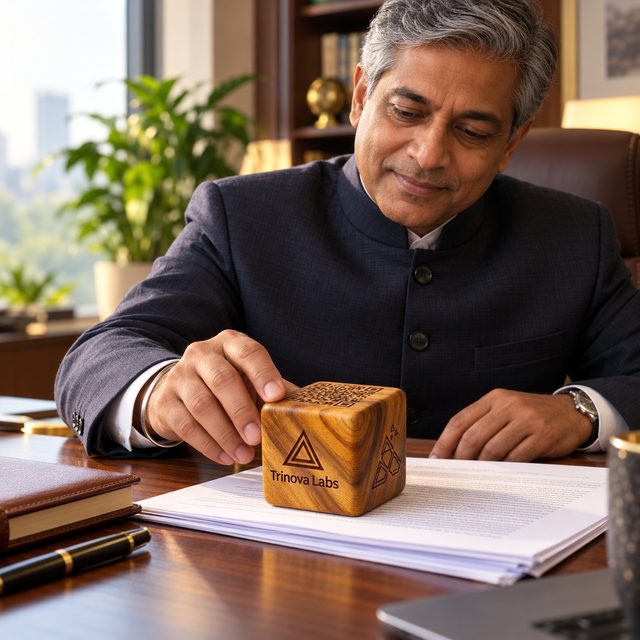 Wooden Paperweight, Brown, shown in use