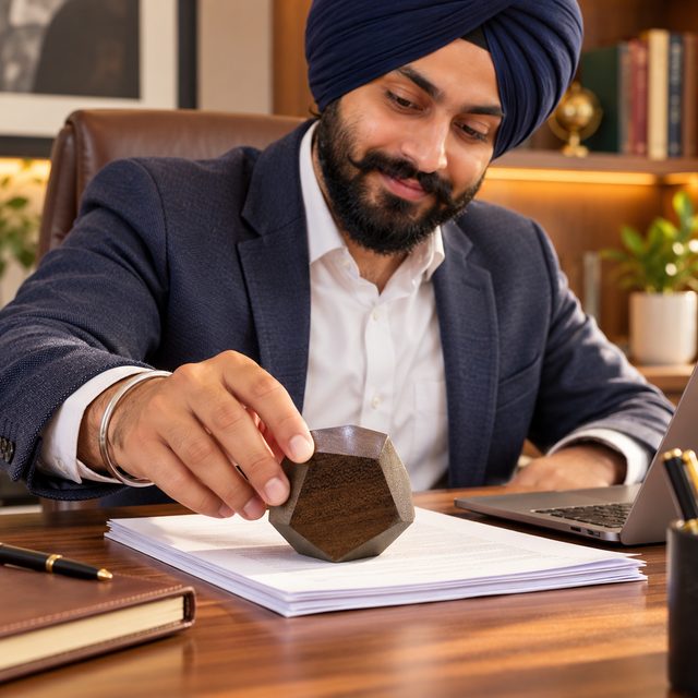 Acacia Wooden Paperweight, shown in use