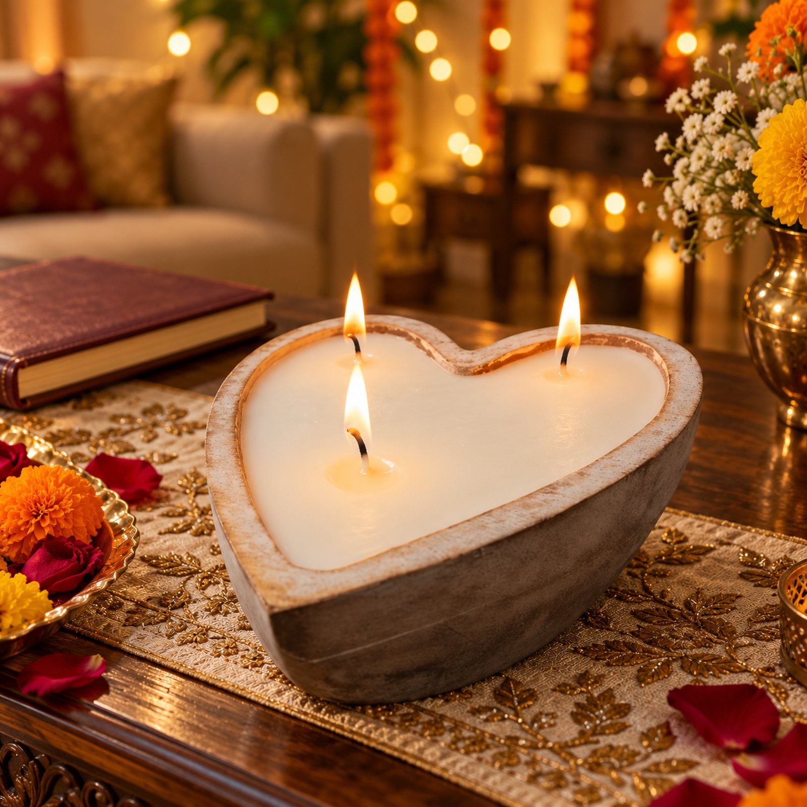 Heart Shape Wooden Candle Stand, shown in use