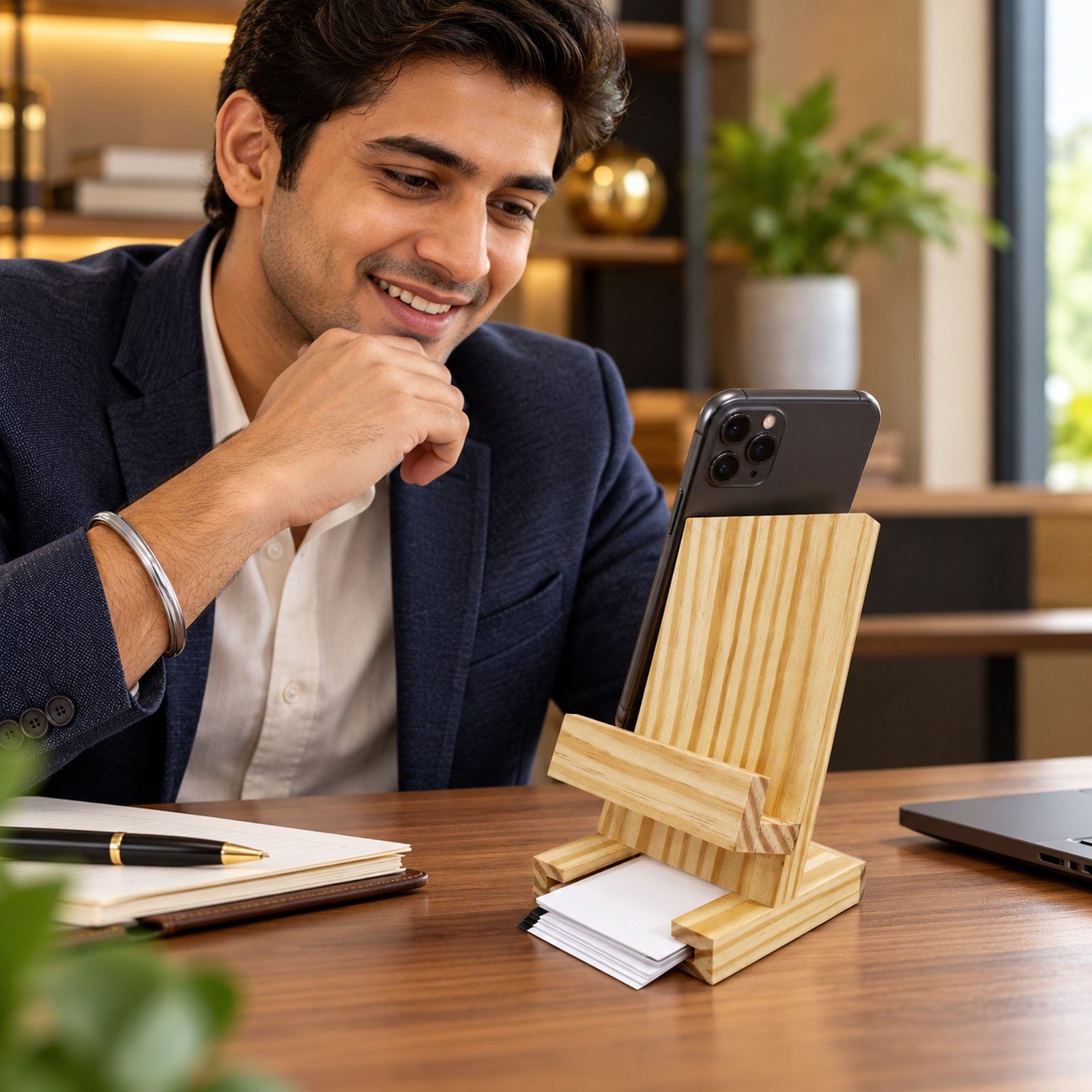 Click to zoom Pine Wood Phone Stand Cum Card Holder, shown in use