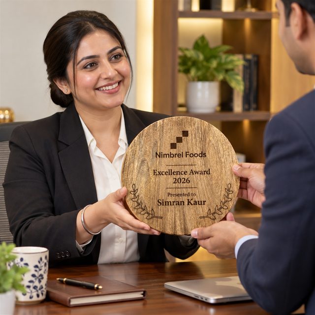 Round Wooden Shield with Back Stand, customised with a company logo