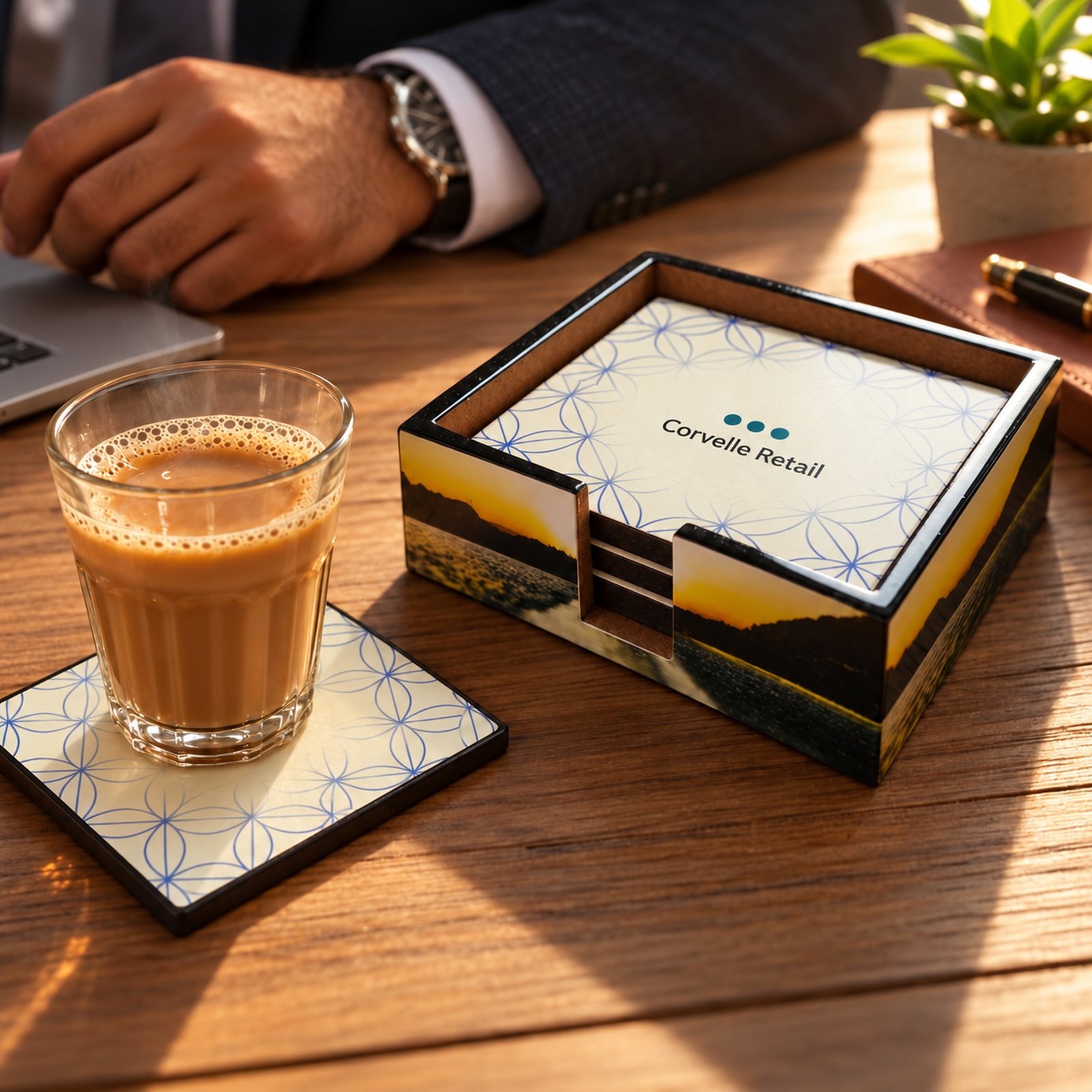 Click to zoom MDF Coaster Set of 4 Pcs with Printed Caddy, shown in use