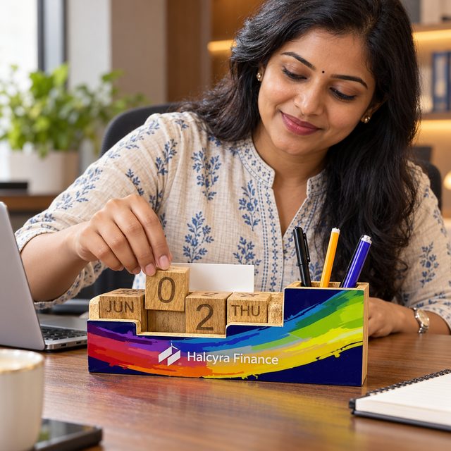 Printed Calendar and Pen Stand, shown in use