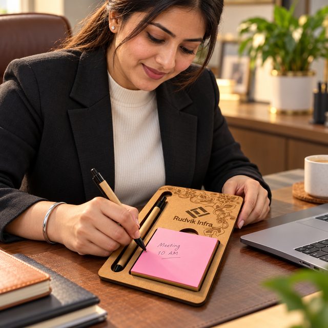 MDF Writing Pad with Eco Friendly Paper Pen & 80 Leaf Pad, shown in use