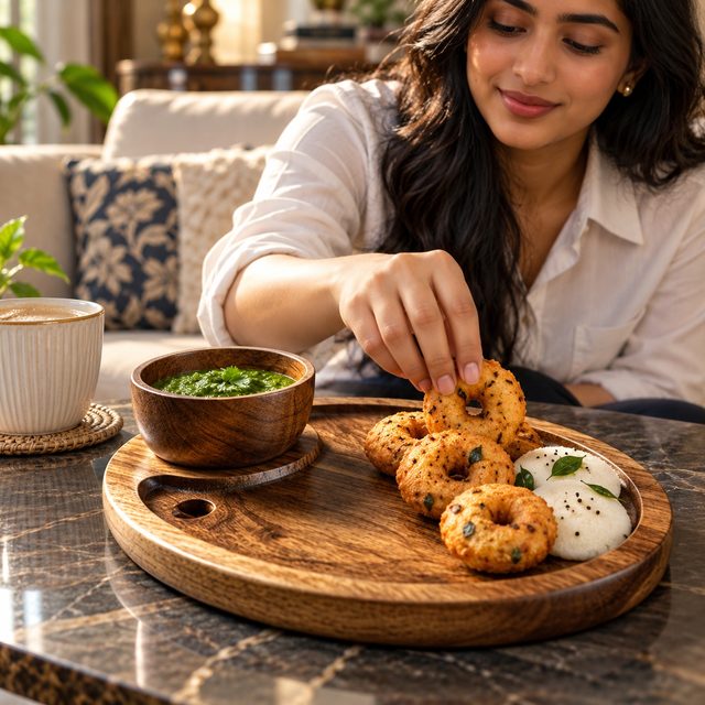 Mango Wood Snacks Platter with Chutney Bowl, Dark, shown in use