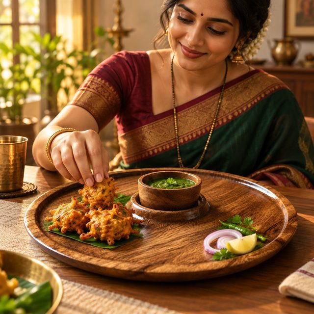 Mango Wood Snacks Platter with Chutney Bowl, Wide, shown in use