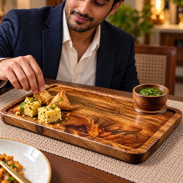 Mango Wood Snacks Platter with Chutney Bowl, Light, shown in use