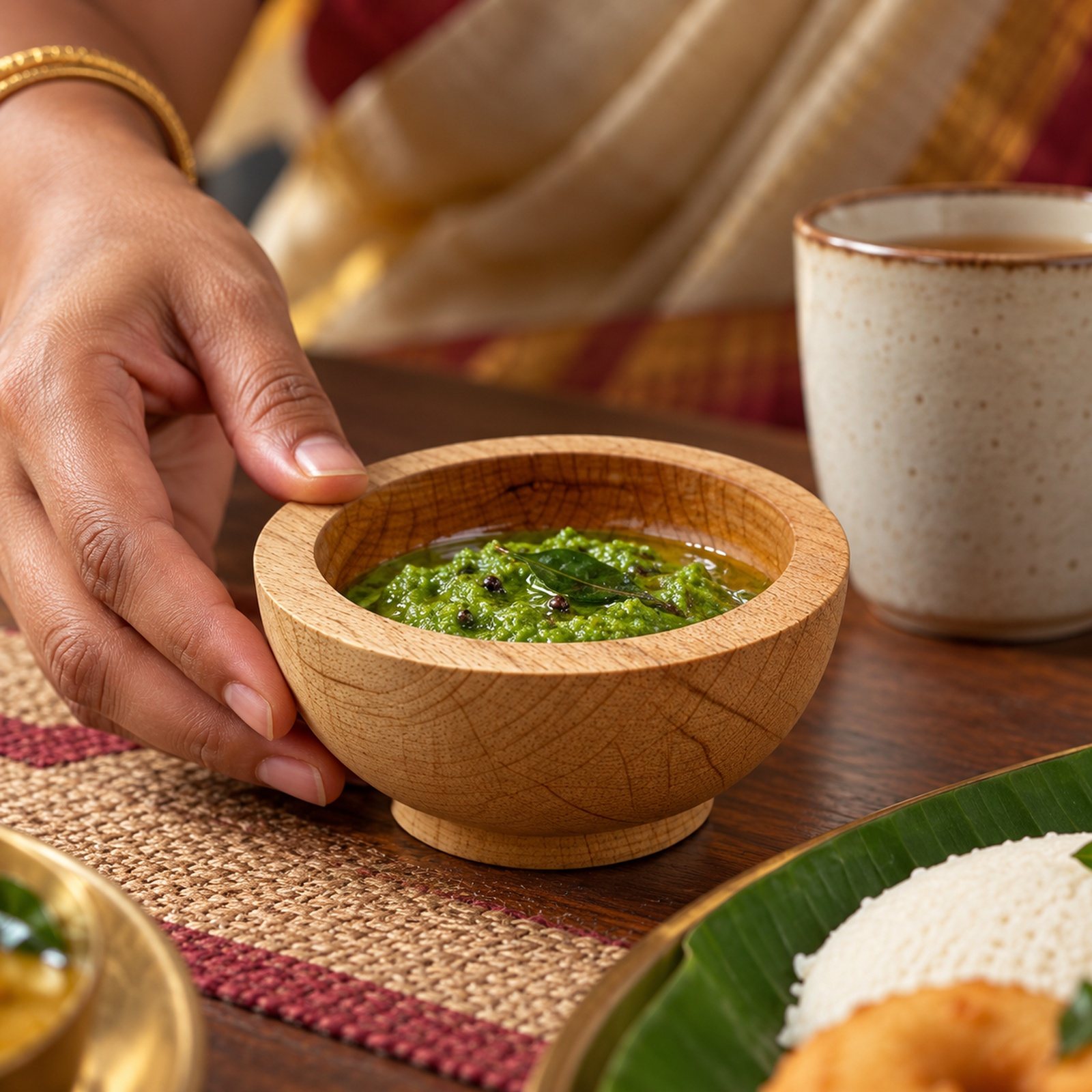 Click to zoom Mango Wood Snacks Chutney Bowl, shown in use