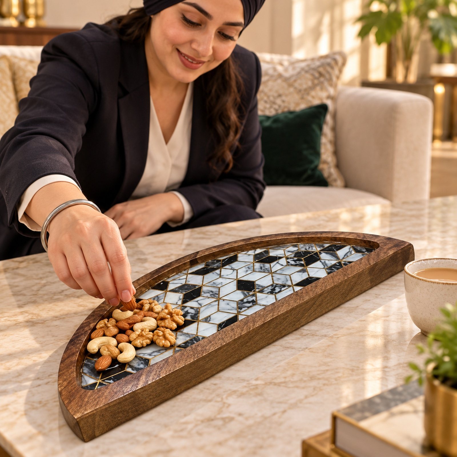 Click to zoom Mango Wood Snacks Platter, Cube, shown in use
