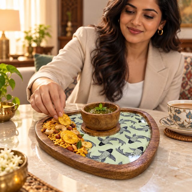 Mango Wood Snacks Platter with Chutney Bowl, Fish, shown in use