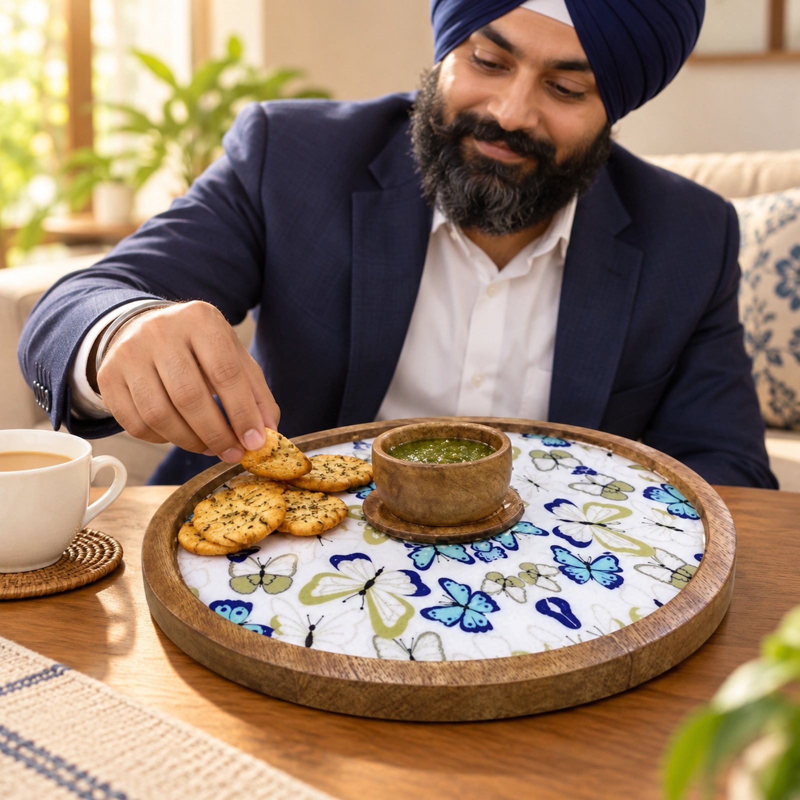 Click to zoom Mango Wood Snacks Platter with Chutney Bowl, Butterfly, shown in use