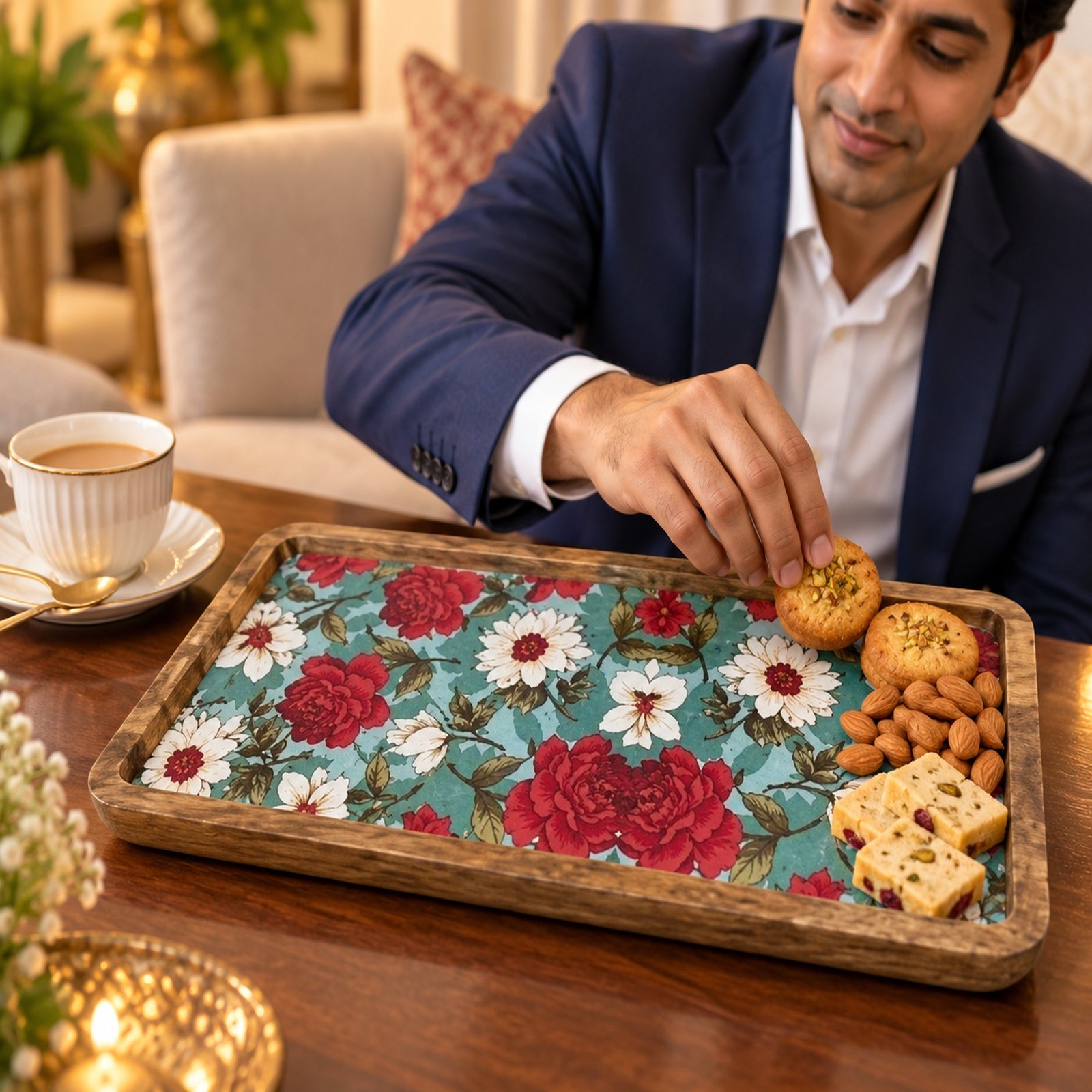 Click to zoom Mango Wood Snacks Platter, Rounded, shown in use